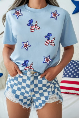 Light Blue American Flag Inspired Sequined Pattern Crewneck Tee