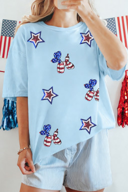 Light Blue American Flag Inspired Sequined Pattern Crewneck Tee
