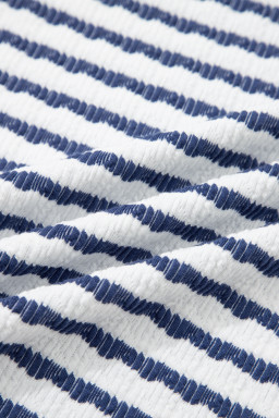 Blue Stripe Textured Knit Split Hem Half Sleeve Loose Top