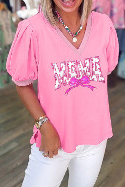Bonbon Floral MAMA Lettering Sequin Bow V Neck Top