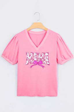 Bonbon Floral MAMA Lettering Sequin Bow V Neck Top