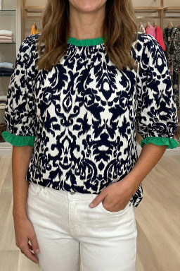 Black Damask Print Ruffled Color Block Detail Half Sleeve Blouse