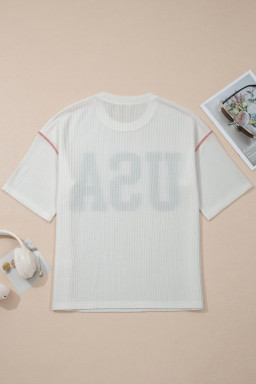 White USA Graphic Half Sleeve Loose Ribbed Top