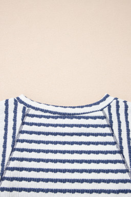 Blue Stripe Textured Knit Split Hem Half Sleeve Loose Top