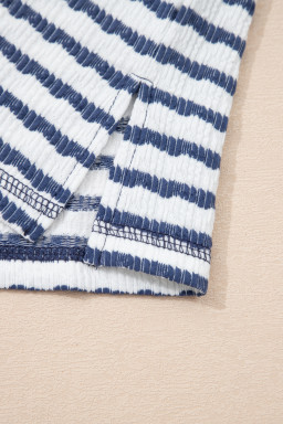 Blue Stripe Textured Knit Split Hem Half Sleeve Loose Top