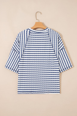 Blue Stripe Textured Knit Split Hem Half Sleeve Loose Top