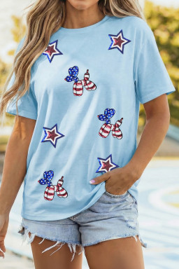 Light Blue American Flag Inspired Sequined Pattern Crewneck Tee