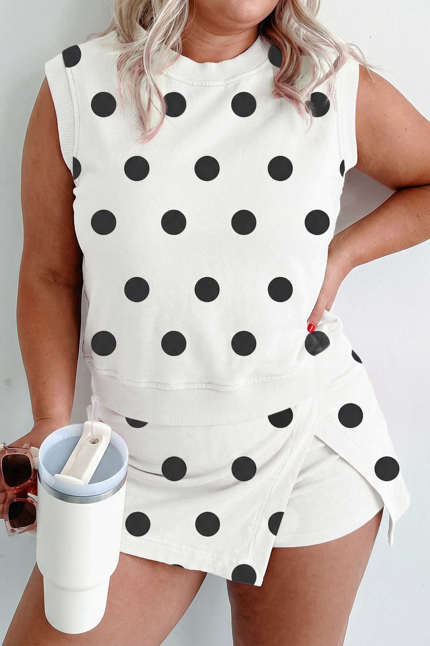 White Plus Size Polka Dot Printed Tank Split Skort 2pcs Outfit
