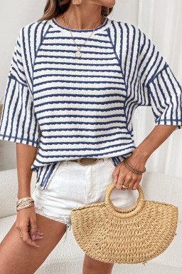 Blue Stripe Textured Knit Split Hem Half Sleeve Loose Top