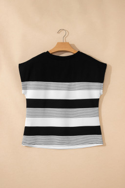 Black Stripe Mixed Print Crew Neck Cap Sleeve T Shirt