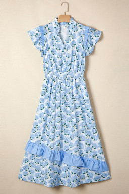 Sky Blue Hydrangea Floral Print Ruffle Trim Flutter Sleeve Long Dress