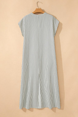 Black Stripe Frilled Detail Half Buttons Short Sleeve Long Dress