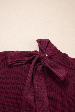 Burgundy Lace Bowknot Asymmetric Neck Sweater