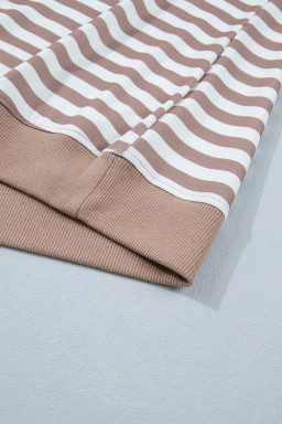 Orange Stripe Ribbed Trim Round Neck Short Puff Sleeve Plus T Shirt
