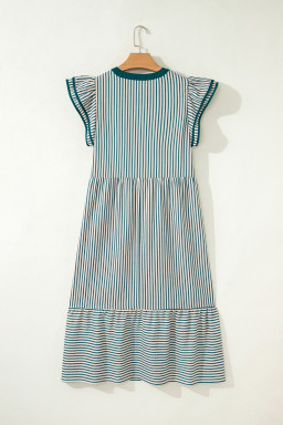 Green Stripe Double Ruffled Short Sleeve Contrast Trim V Neck Midi Dress
