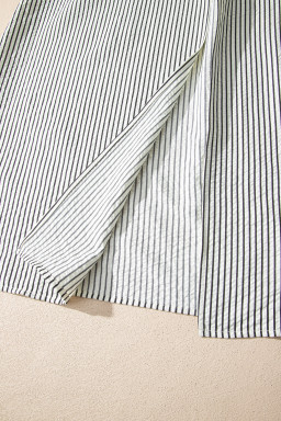 Black Stripe Frilled Detail Half Buttons Short Sleeve Long Dress