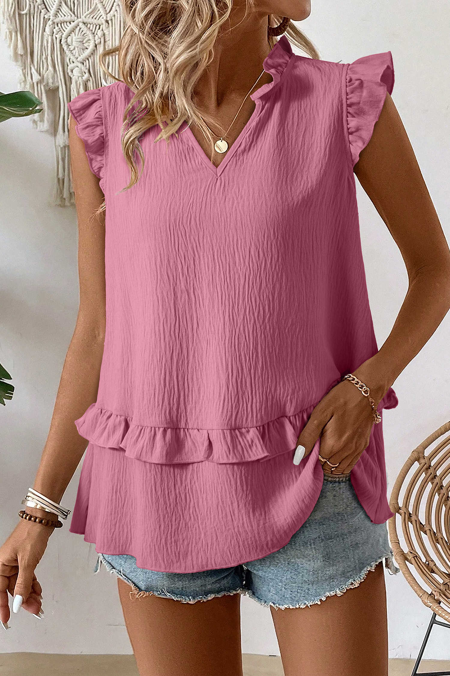 Desert Rose Notched V Neck Ruffle Detail Tank Top