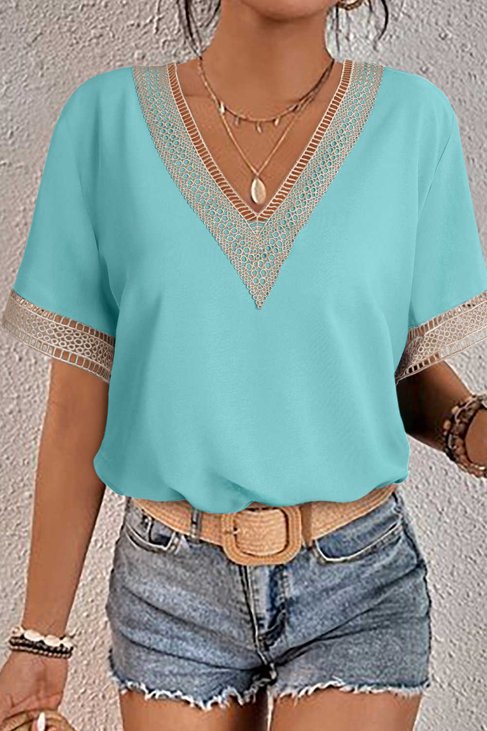 Green Lace Trim V Neck Short Sleeve Blouse