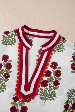 White Plus Size Floral Print Ricrac Striped Trim Short Sleeve Cotton Blouse