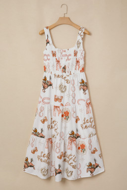White Western Horseshoe Print U-Neck Sleeveless Midi Dress