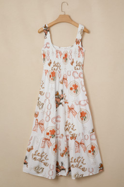 White Western Horseshoe Print U-Neck Sleeveless Midi Dress