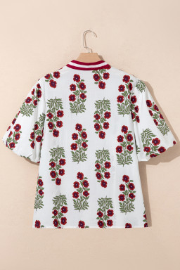 White Plus Size Floral Print Ricrac Striped Trim Short Sleeve Cotton Blouse