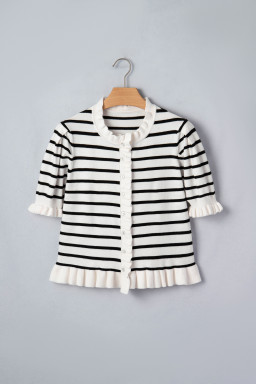 Beige Stripe Ruffle Trim Button Down Knit Short Sleeve Sweater Cardigan