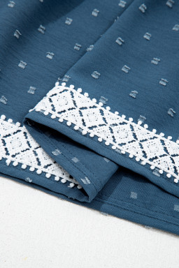 Dusk Blue Plus Size V Neck Swiss Dot Lace Patchwork Detail Flared Midi Dress