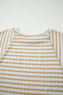 Apricot Stripe Plus Size Textured Patchwork Detail Half Sleeve Top