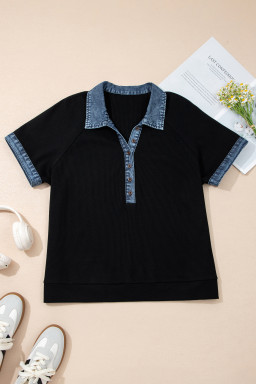 Black Plus Size Textured Contrast Denim Patchwork Button Polo Tee