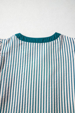 Green Stripe Double Ruffled Short Sleeve Contrast Trim V Neck Midi Dress