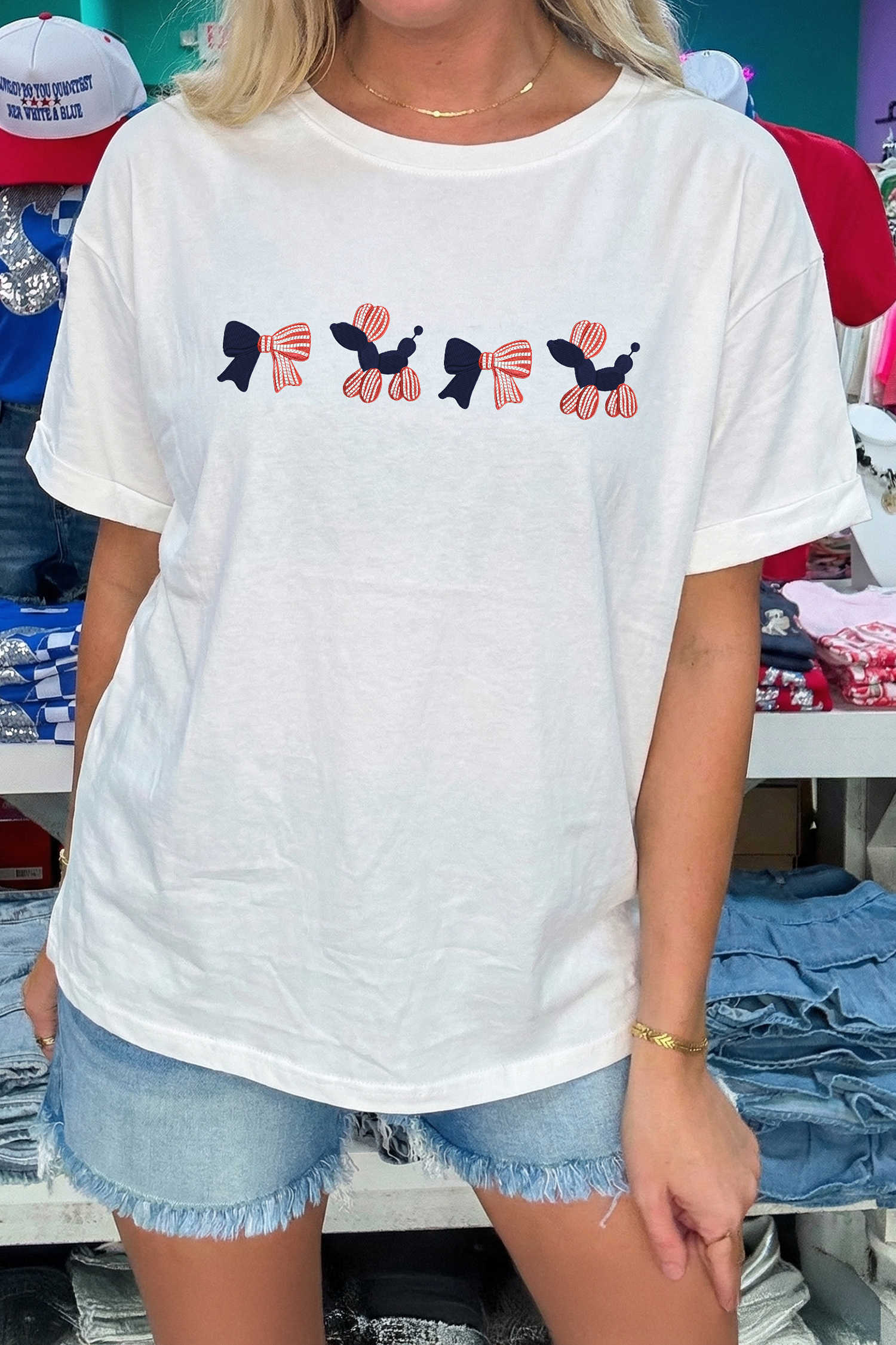 White American Coquette Embroidered Dog Casual T Shirt