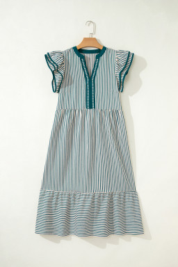 Green Stripe Double Ruffled Short Sleeve Contrast Trim V Neck Midi Dress