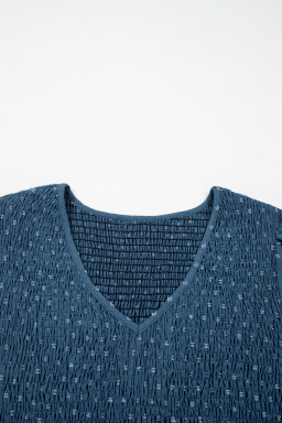 Dusk Blue Plus Size V Neck Swiss Dot Lace Patchwork Detail Flared Midi Dress