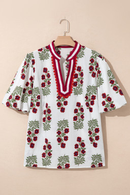 White Plus Size Floral Print Ricrac Striped Trim Short Sleeve Cotton Blouse