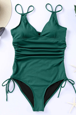 Green Adjustable Straps Ribbed Knit One Piece Swimsuit