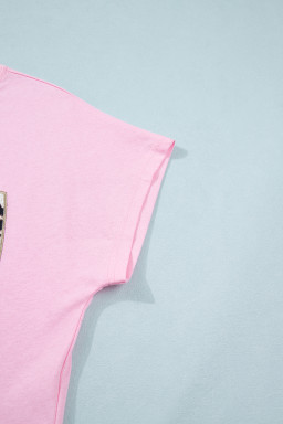 Pink Leopard Bow Embroidered Cotton Round Neck T Shirt