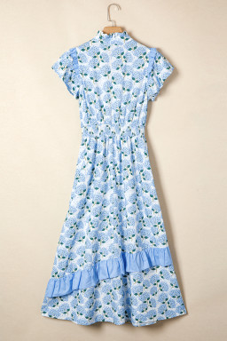 Sky Blue Hydrangea Floral Print Ruffle Trim Flutter Sleeve Long Dress