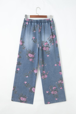 Beau Blue Floral Print Elastic Waist Pull On Casual Jeans