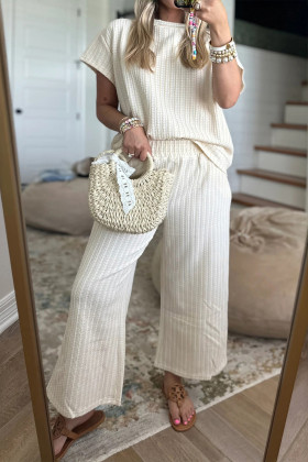 Beige Texture Loose Short Sleeve Top and Cropped Pant Set