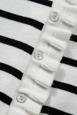 Beige Stripe Ruffle Trim Button Down Knit Short Sleeve Sweater Cardigan