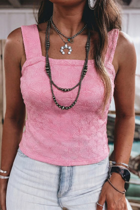 Pink Western Jacquard Square Neck Slim Tank Top