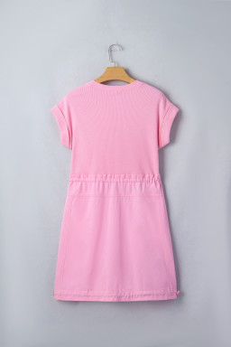 Bonbon Cuffed Short Sleeve Mix Fabric Patchwork Drawstring Mini Dress