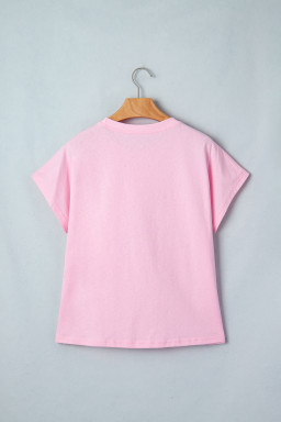 Pink Leopard Bow Embroidered Cotton Round Neck T Shirt