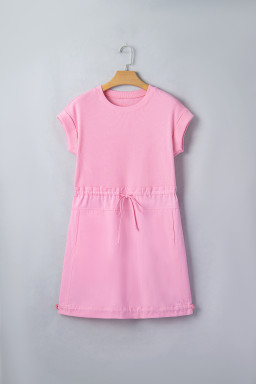 Bonbon Cuffed Short Sleeve Mix Fabric Patchwork Drawstring Mini Dress