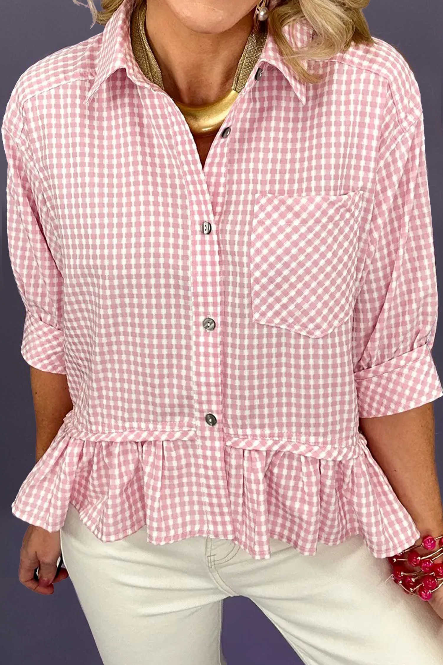 Pink Plaid Half Sleeve Ruffle Hem Button Down Shirt