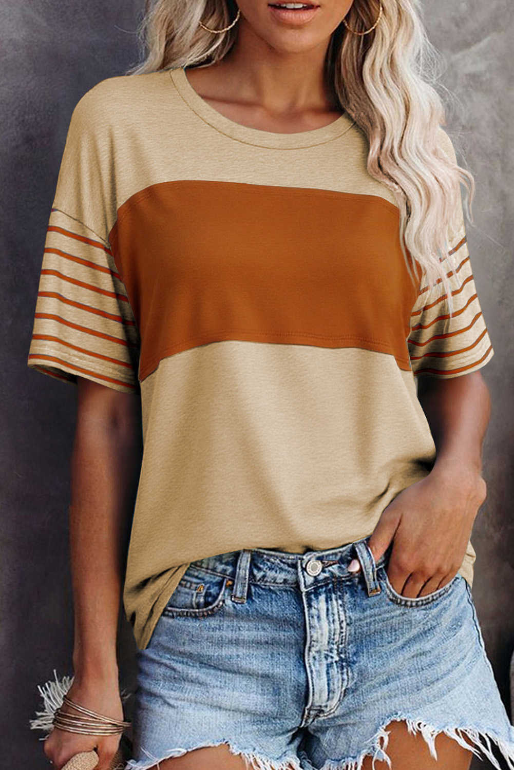Tan Color Block Striped Detail Loose T Shirt