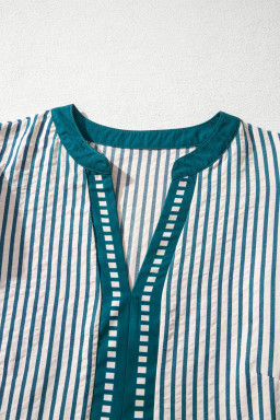 Green Stripe Double Ruffled Short Sleeve Contrast Trim V Neck Midi Dress