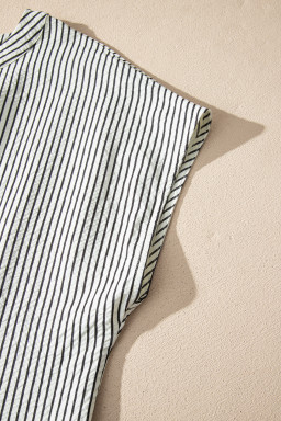 Black Stripe Frilled Detail Half Buttons Short Sleeve Long Dress