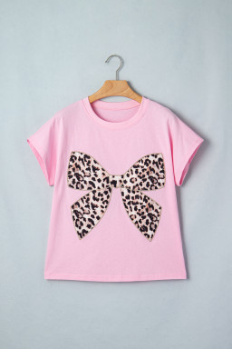 Pink Leopard Bow Embroidered Cotton Round Neck T Shirt